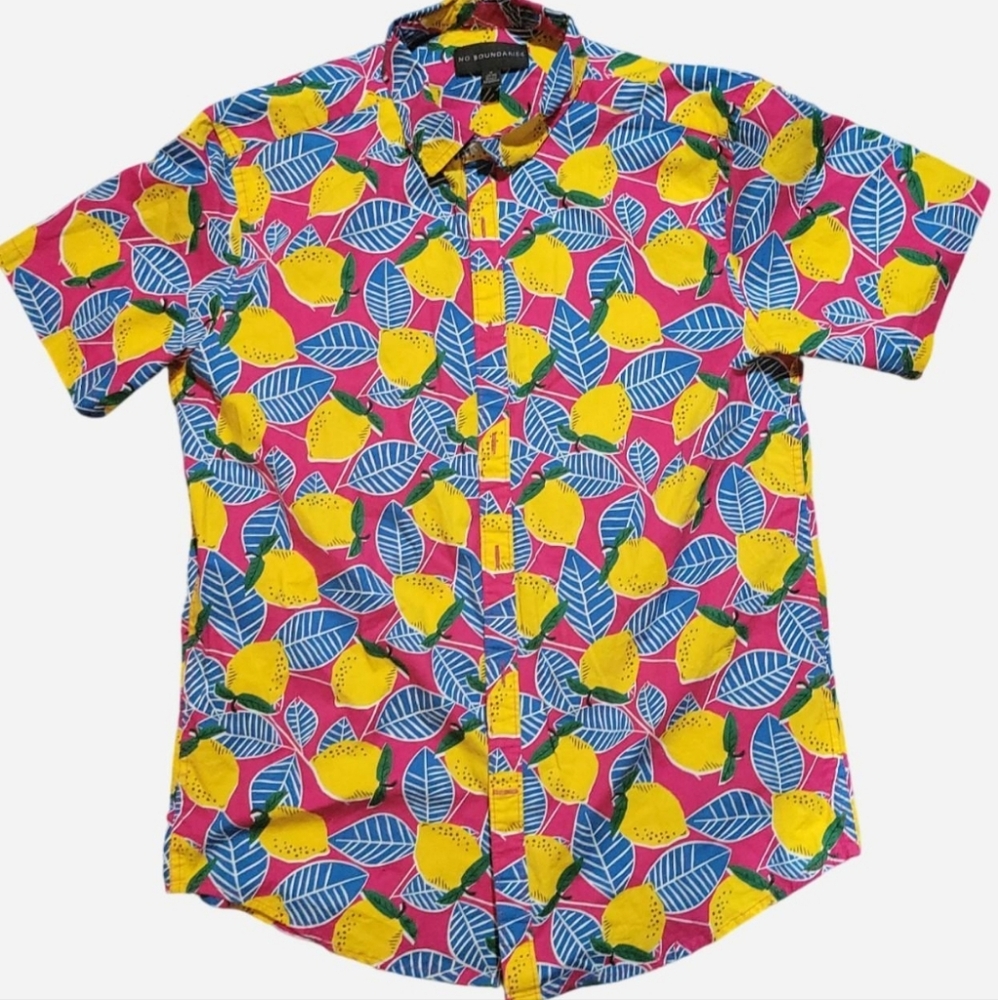 magenta pink, blue and yellow lemon-print short sleeve button up shirt